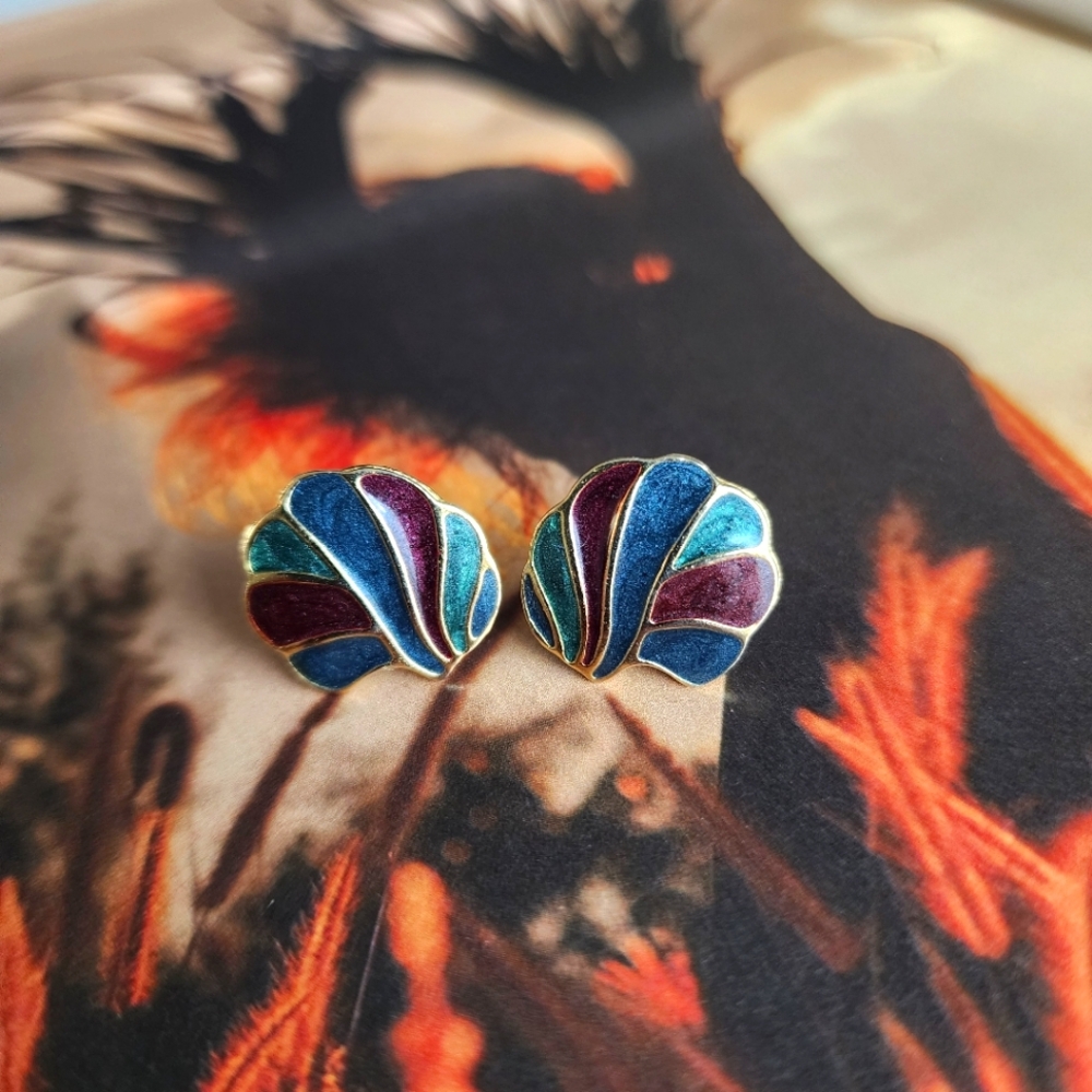 Vintage 80s Cloisonne Enamel Blue Green Purple Stud Earrings Retro Gold Tone - Picture 2 of 6